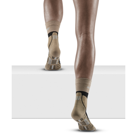 Hiking Merino Mid Cut Compression Socks, Women, Sand/Grey, Back View Model