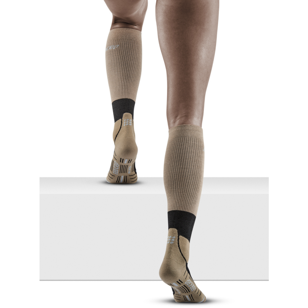 Hiking Merino Tall Compression Socks, Women, Sand/Grey, Back View Model