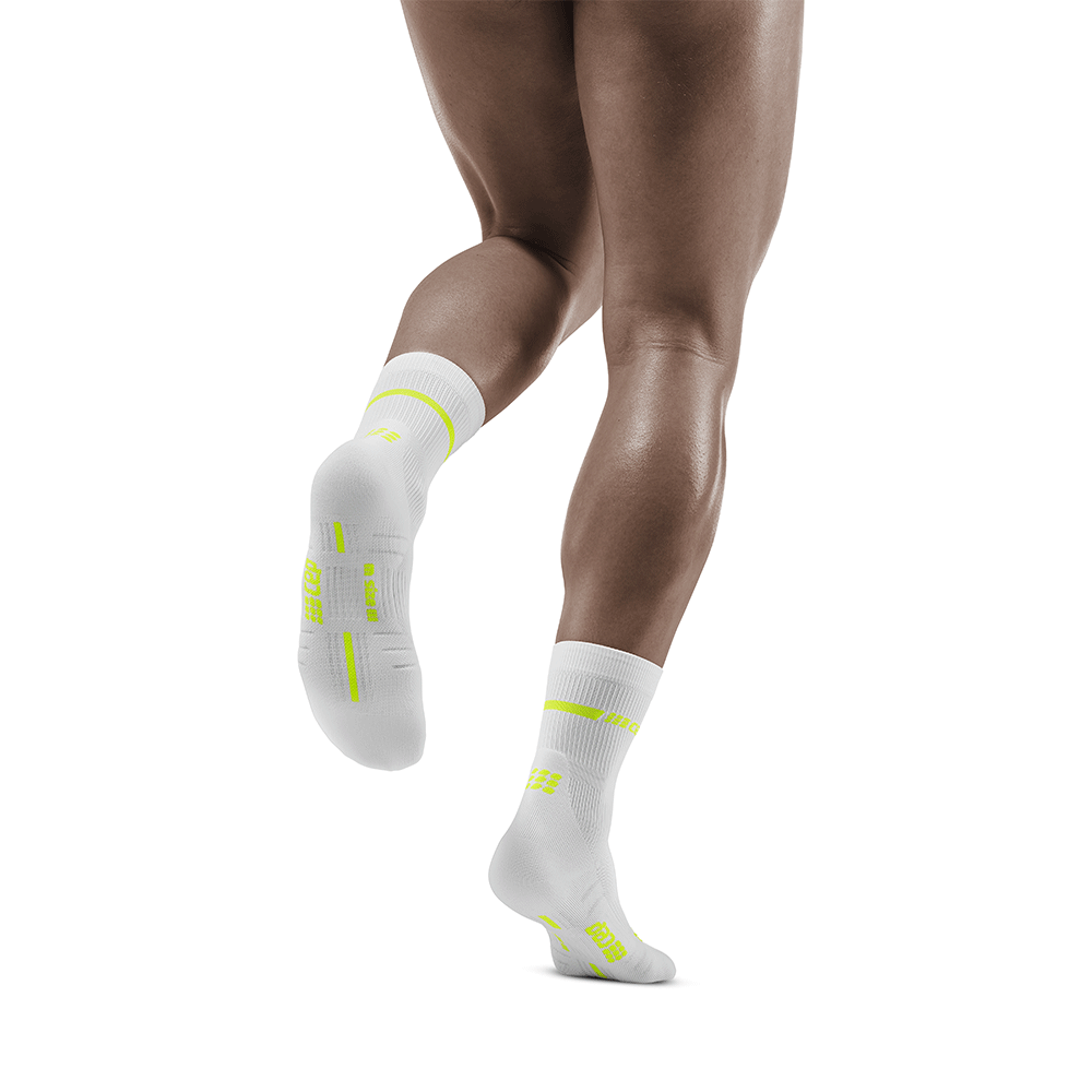 Neon Mid Cut Compression Socks, Men, White/Neon Yellow, Back View Model